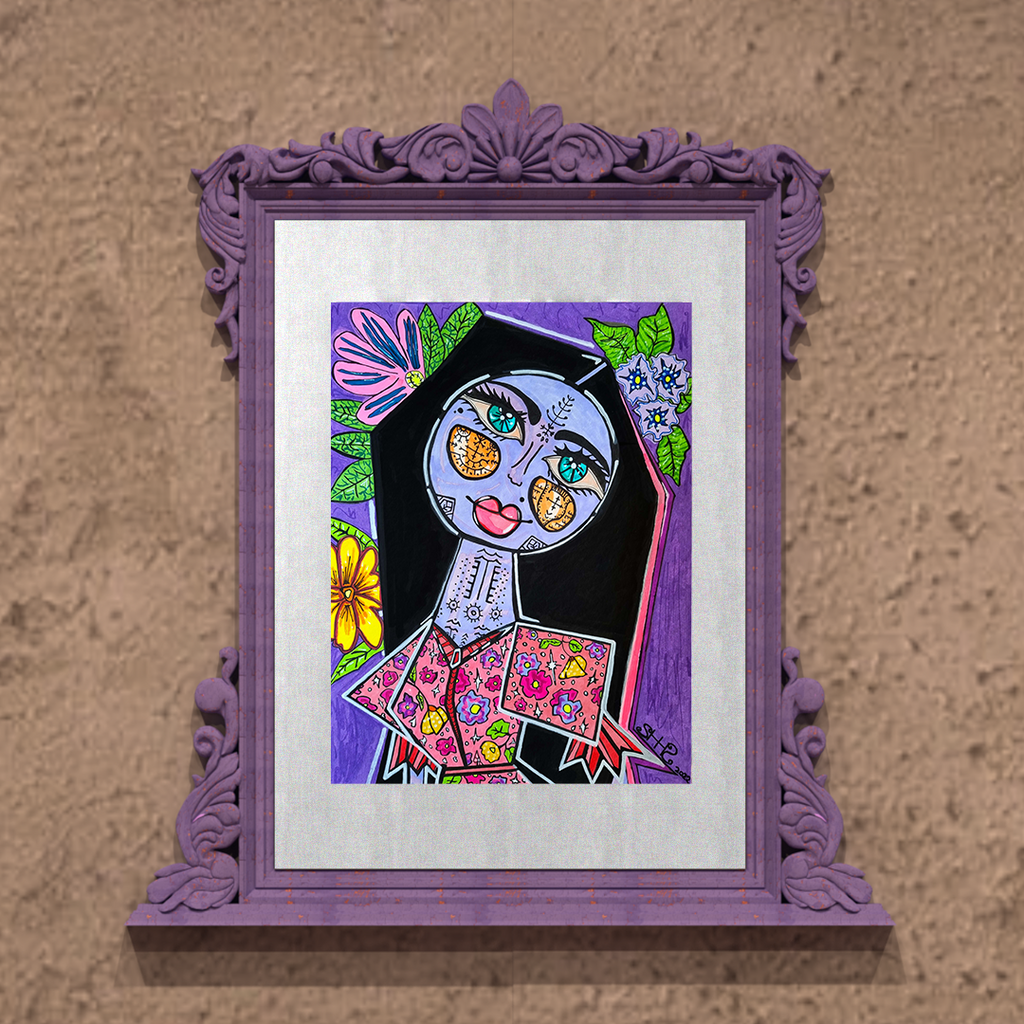 Mademoiselle Lola in a deep purple carved frame on a beige stucco wall