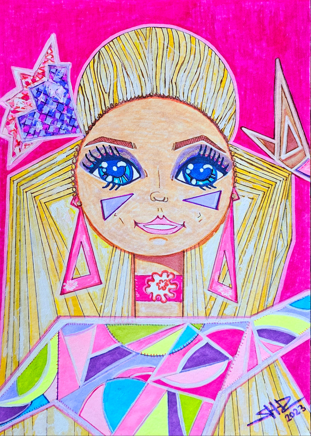 Sasha full view: a blonde doll with wide blue eyes and triangle earrings, a pastel geometric top on magenta.