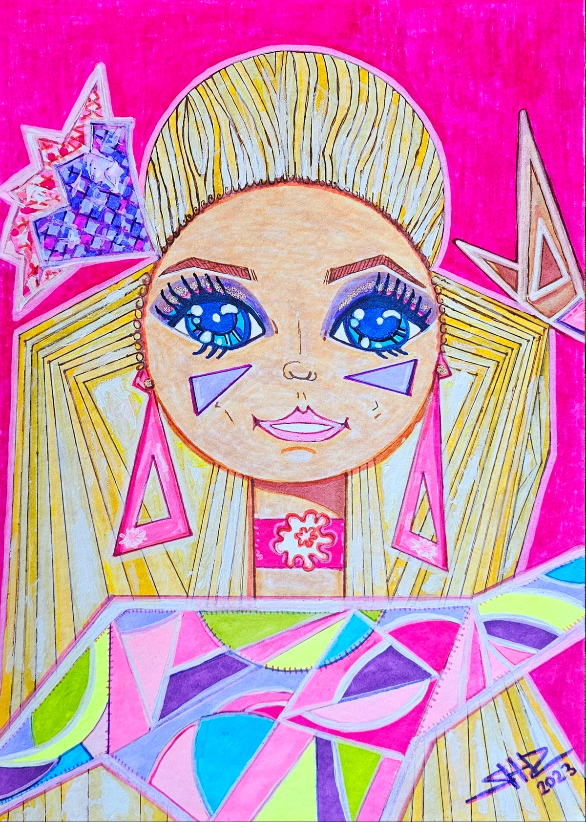 Sasha full view: a blonde doll with wide blue eyes and triangle earrings, a pastel geometric top on magenta.