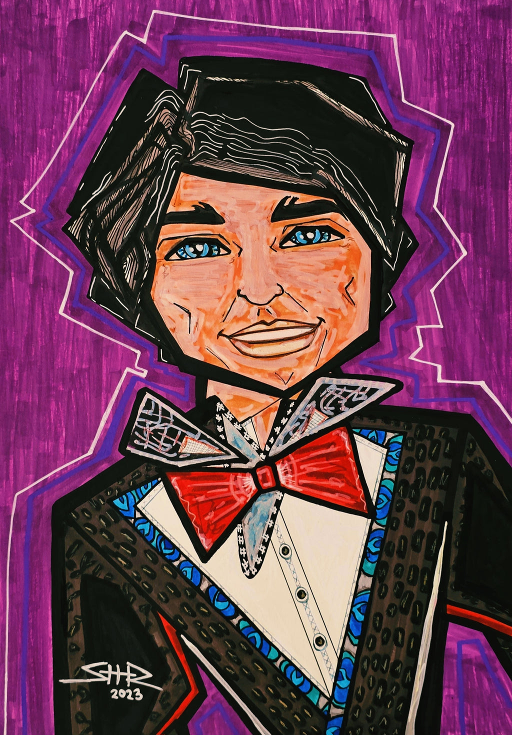 Peter full view: dark-haired man in a black tuxedo with a red bow tie, against a deep purple ground.