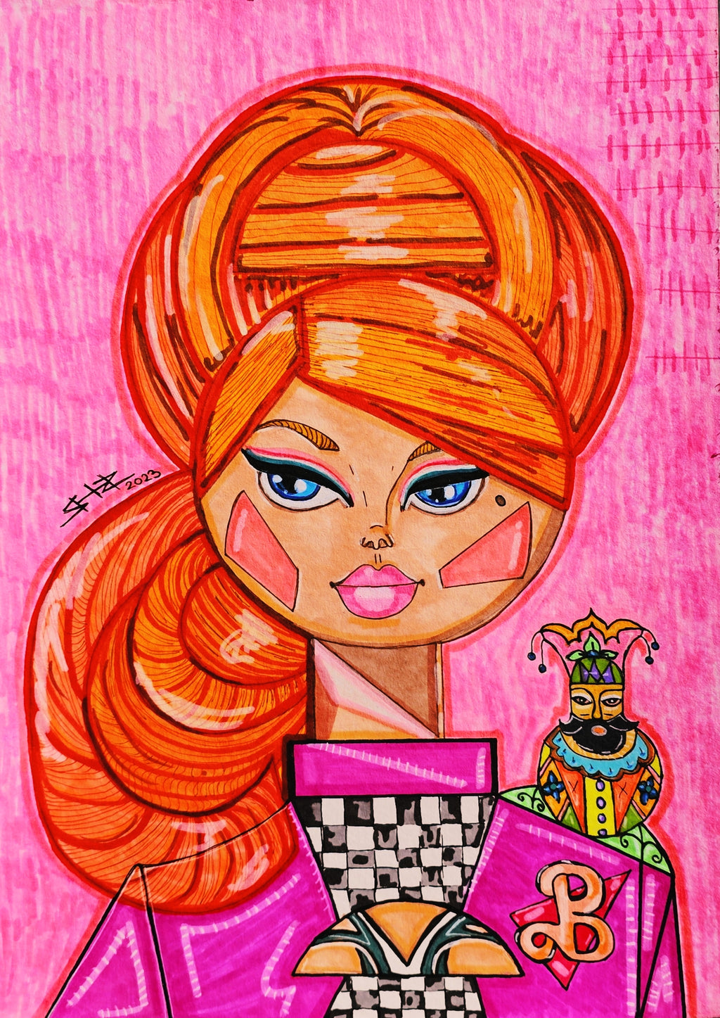 Noga full view: a towering orange beehive, a pink chequered dress and a small jester figure at her shoulder.