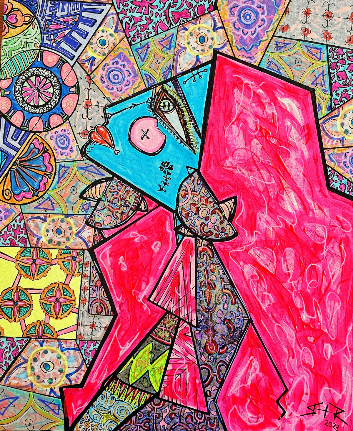 Zara full view: a hot pink and turquoise figure with a single round eye, over a patchwork of mandala tiles.