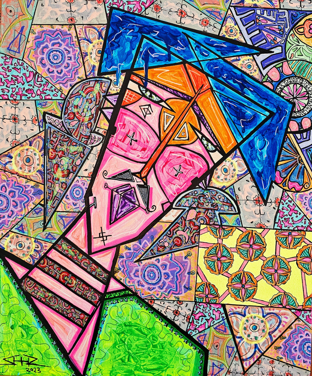 Zach full view: an angular figure in blue, orange and pink over a patchwork of mandala tiles, with green below.