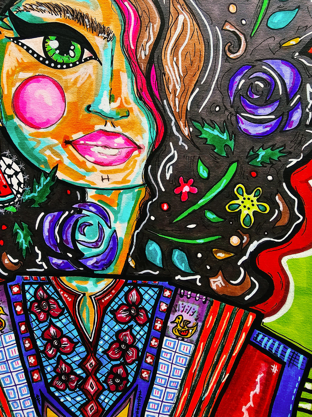 Jabalia detail: her face and shoulders, green eyes, a pink blush circle and a blue embroidered bodice