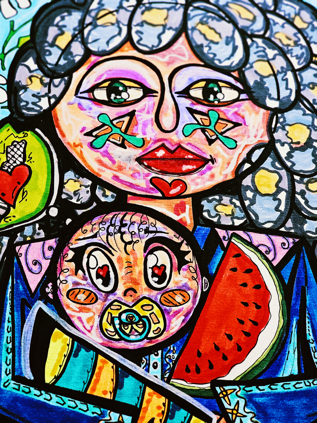 Rafah detail: the mother's face above her baby's, a red heart at her shoulder and a slice of watermelon