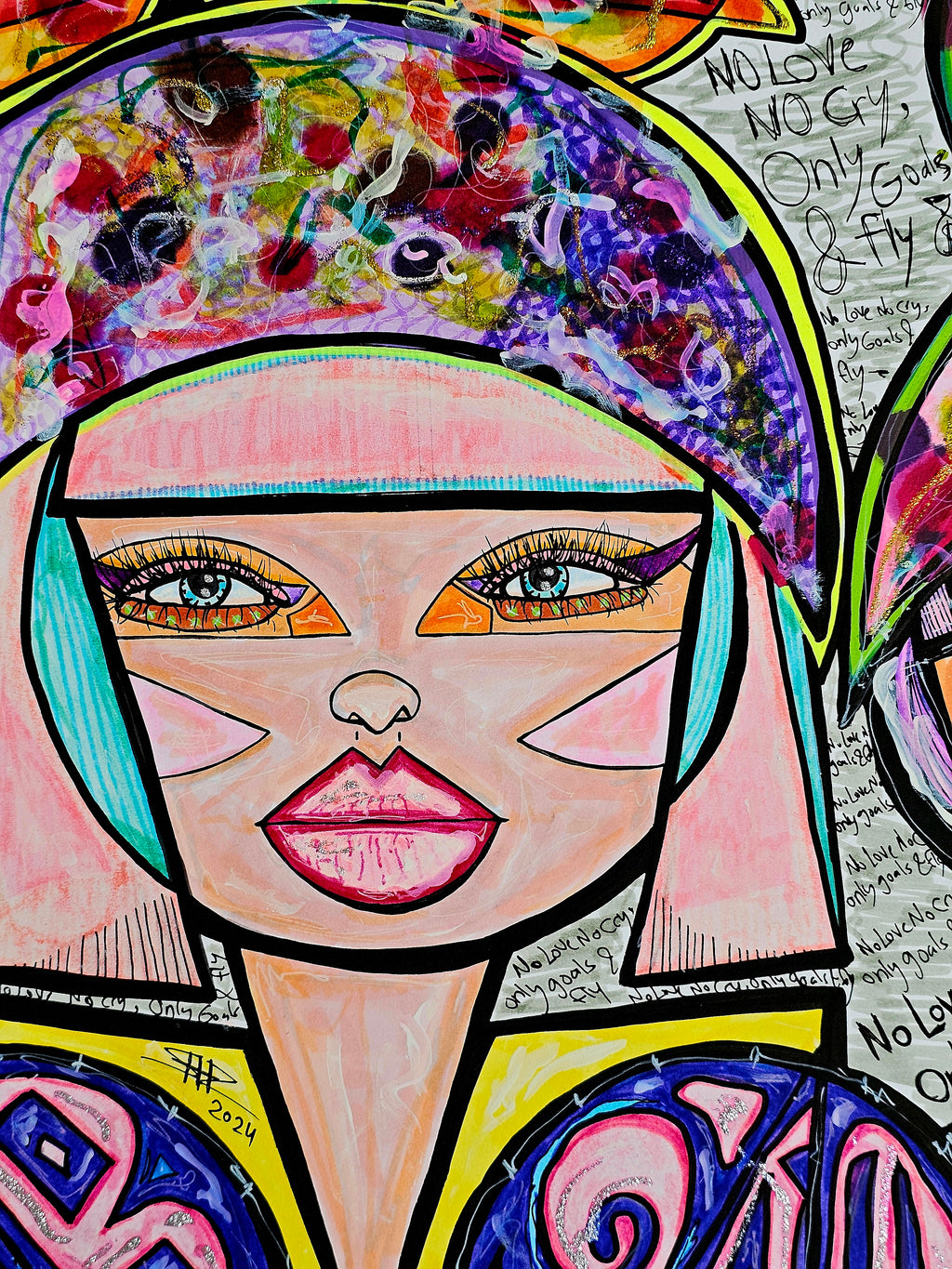 Harumi & Migumi detail: one friend's face, blue eyes and pink lips beneath a teal headband