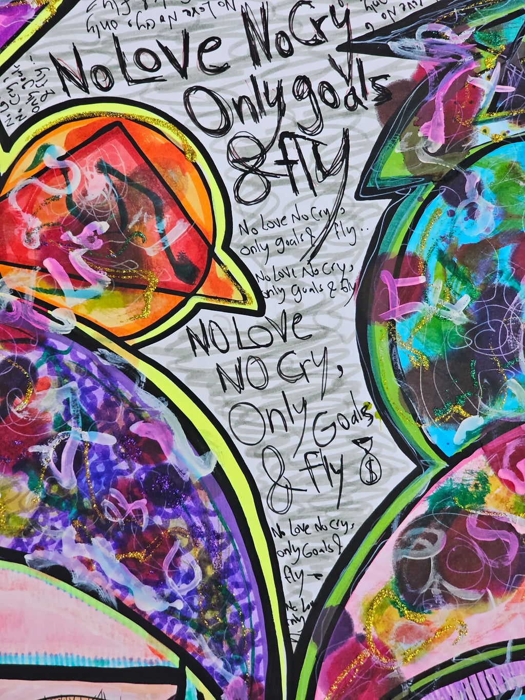 Harumi & Migumi detail: handwritten words among scattered flowers on a grey pencilled ground