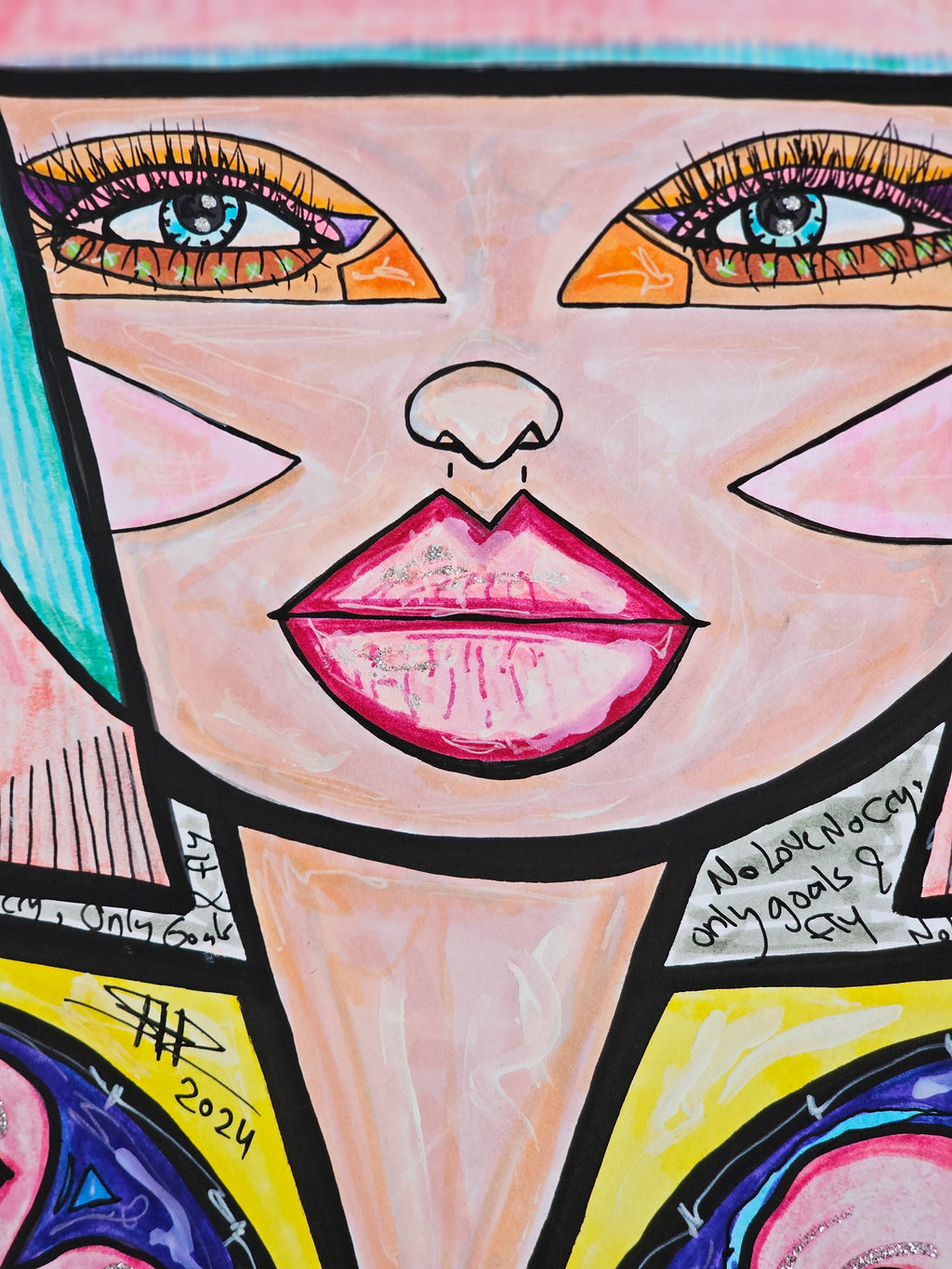 Harumi & Migumi detail: a face in close-up with orange eyelids and a bright pink mouth, signed and dated