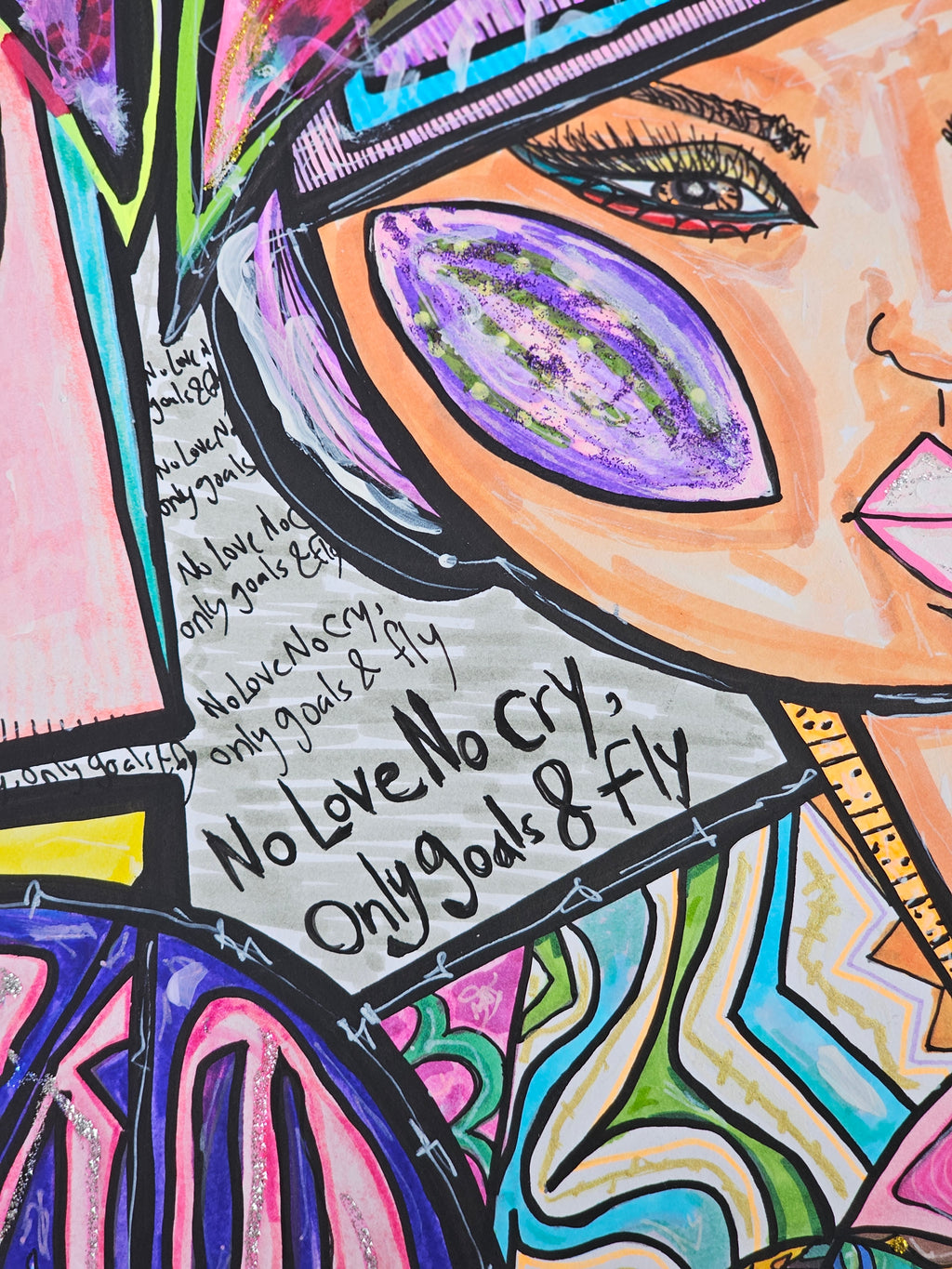 Harumi & Migumi detail: a purple eye above the handwritten line no love no cry, only goals and fly