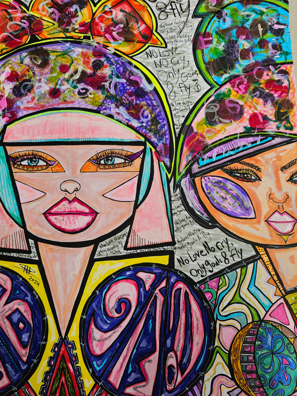 Harumi & Migumi detail: both faces side by side under crowns of dark red and purple flowers
