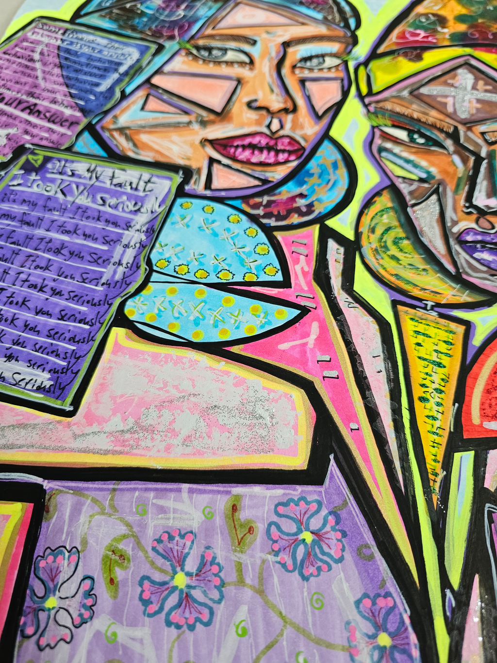 Camino & Tino detail: the two figures seen at an angle above lilac fabric scattered with pale flowers