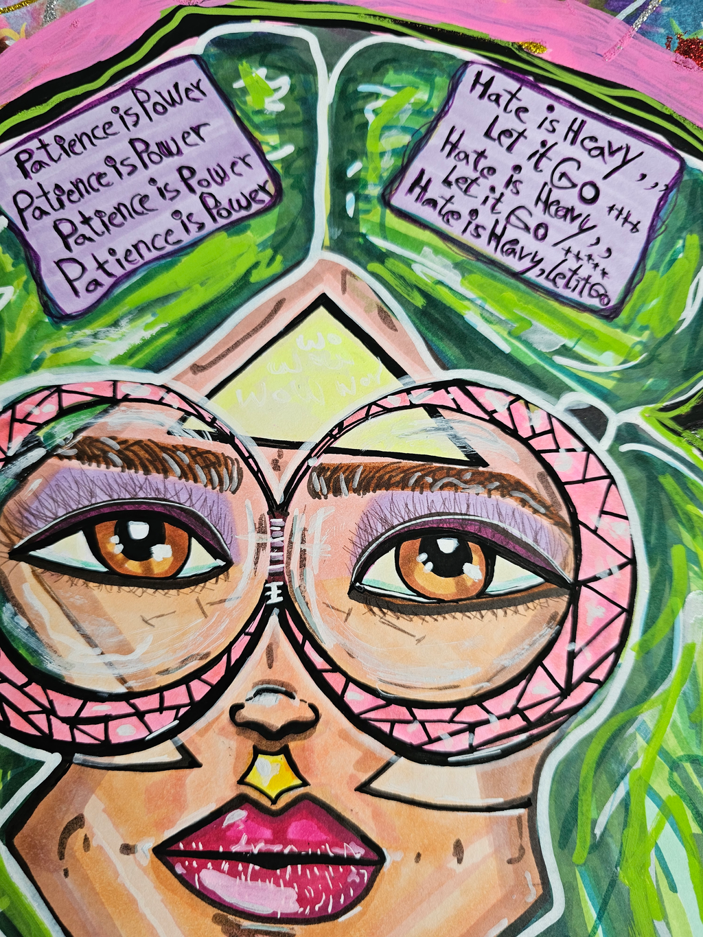 Selena & Helena detail: the green haired friend's face behind large round pink glasses