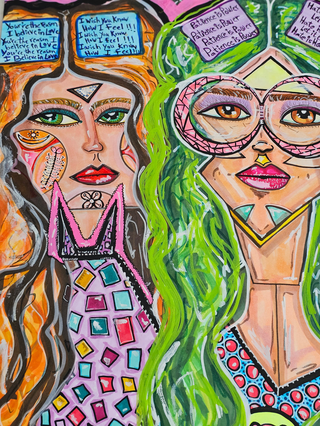 Selena & Helena detail: both friends seen at an angle beneath handwritten blue note panels