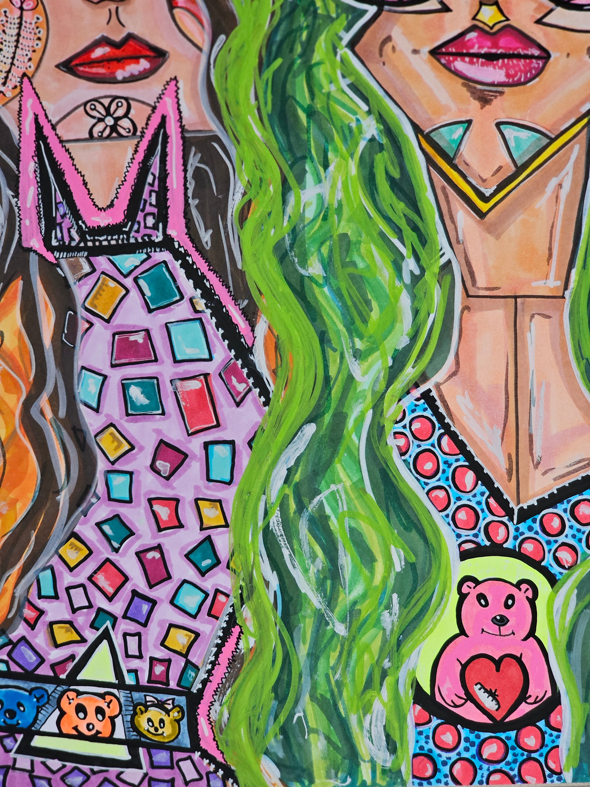 Selena & Helena detail: a dress patterned with coloured diamonds beside a spotted blue neckline