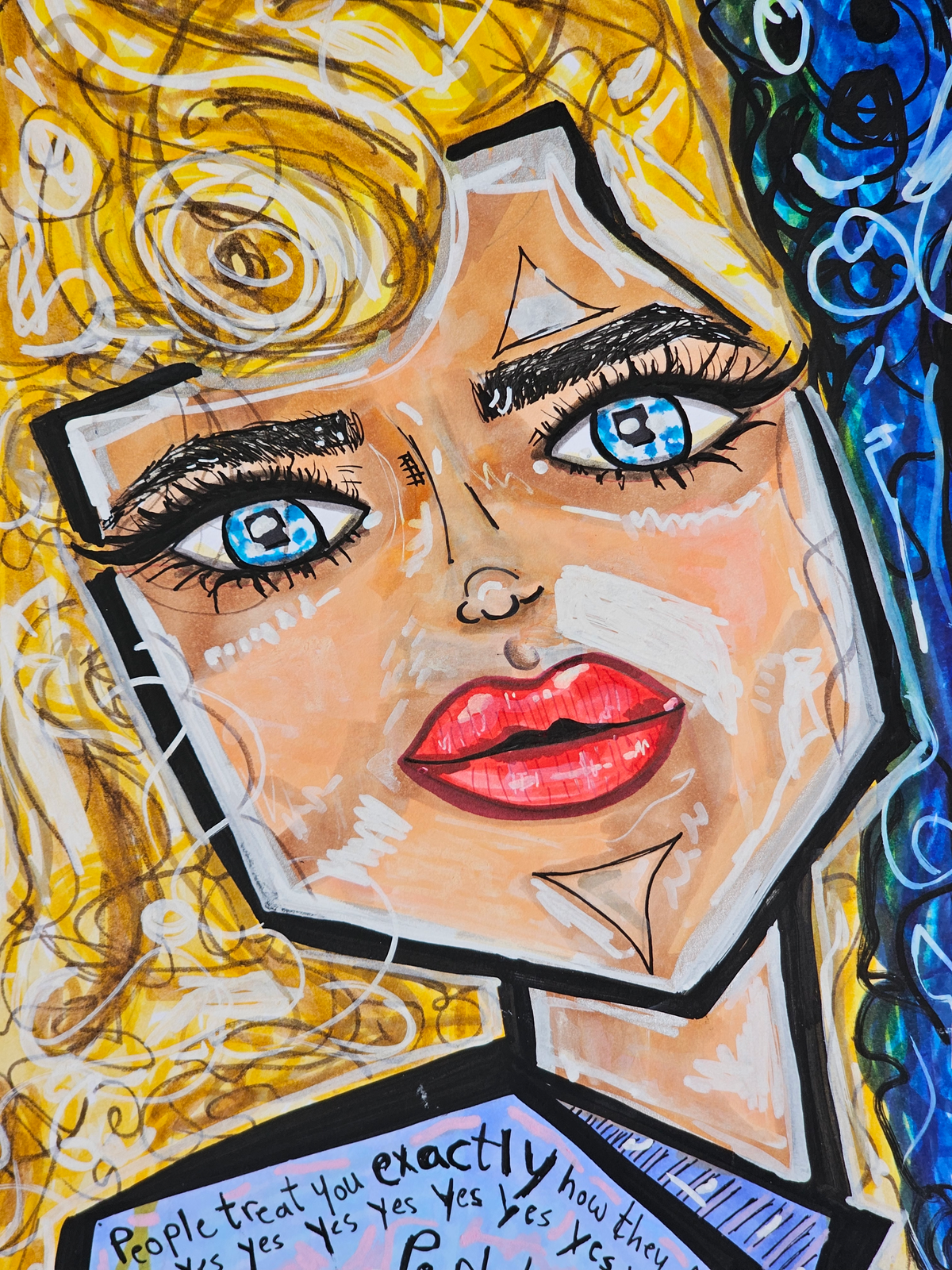Karma & Charma detail: the blonde woman's face in close-up, long lashes and a scarlet mouth