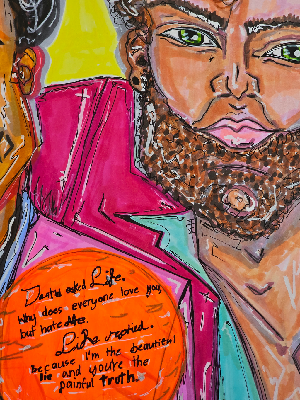 Carlos & Marcos detail: the bearded man above an orange disc of handwritten lines