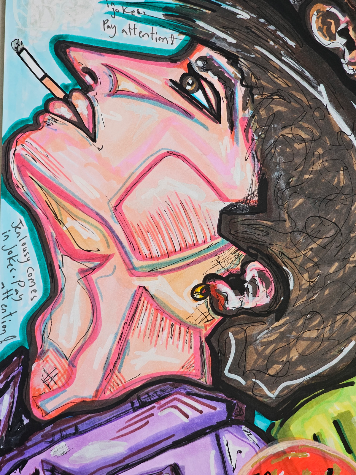 Wintertide & Frost detail: the pink profile face with a cigarette at the lips, the bearded man behind