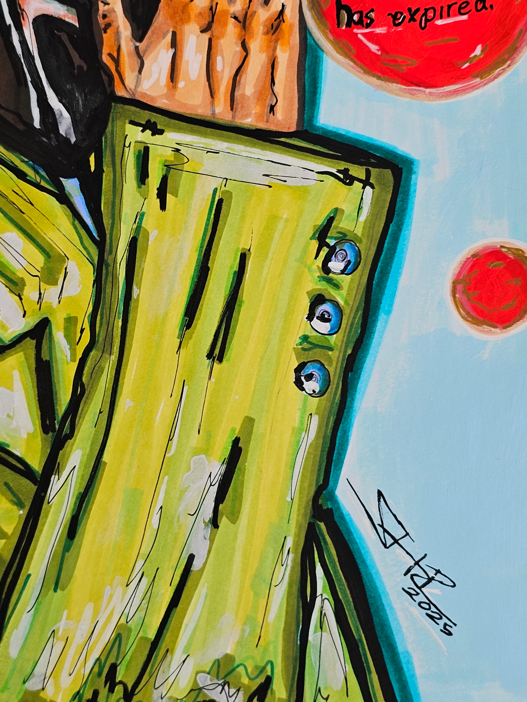 Wintertide & Frost detail: the chartreuse coat with red circles and the artist's signature