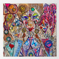 Trinity: abstract painting of three sorceresses standing tall and united, bending reality with shared magic