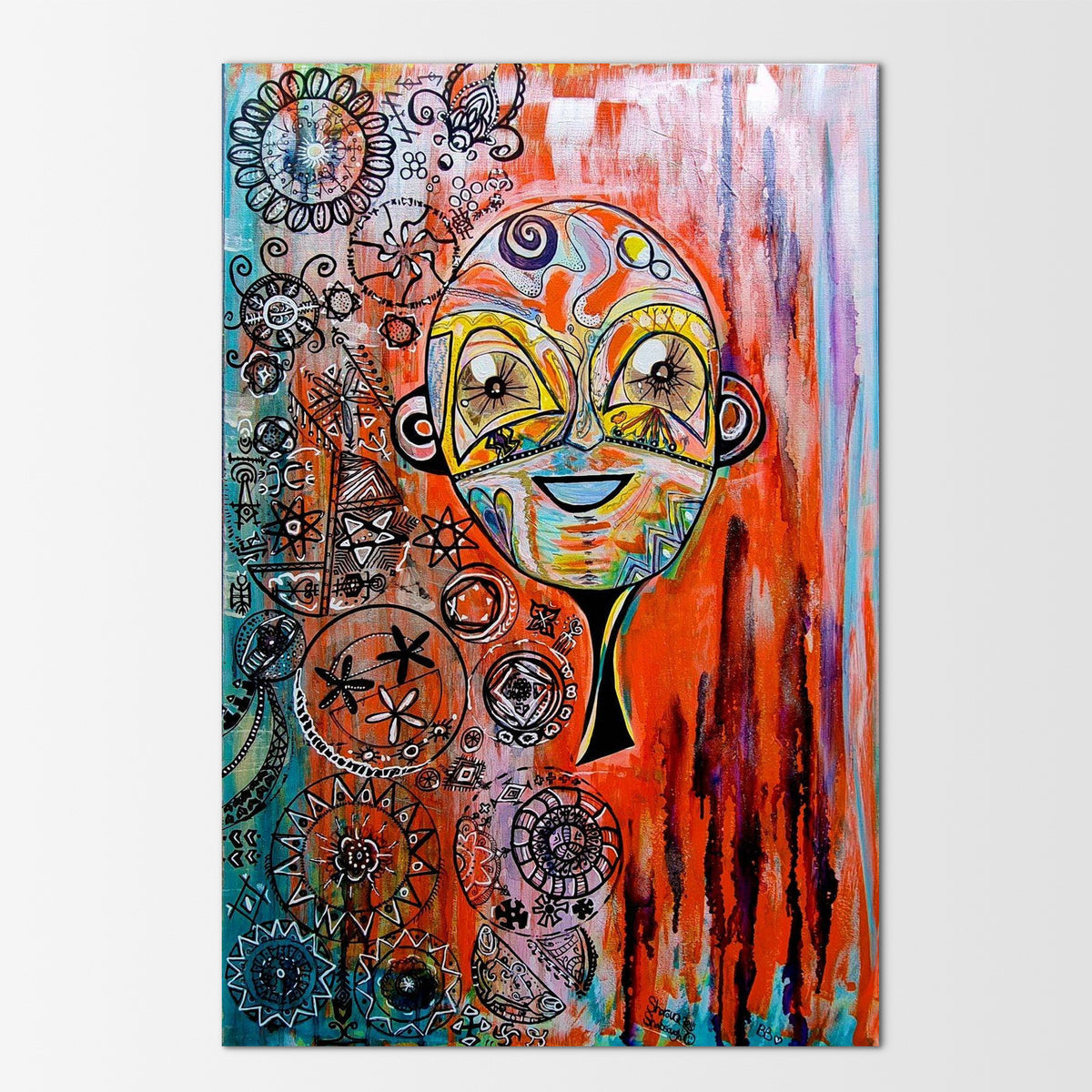 Naranja: abstract painting of a playful, colourful figure letting her inner child speak out loud, free