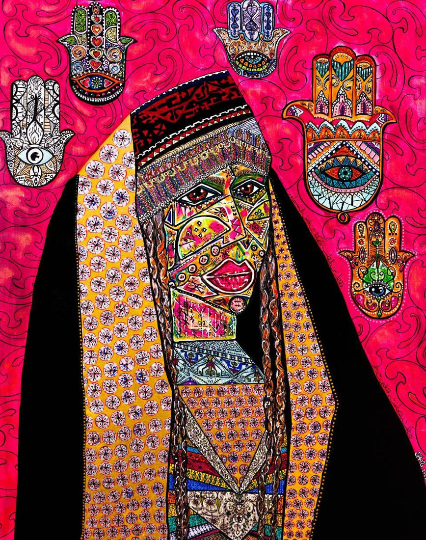 Qadira limited edition print seen close up, her face and the patterned panels filling the frame