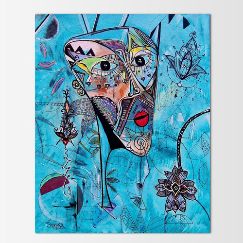 Azul: limited edition print in deep, midnight-blue tones of a bold, fearless, enigmatic figure