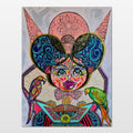 Kitty Kat: abstract painting of a sharp-fanged feline figure keeping her parrot friends close at hand