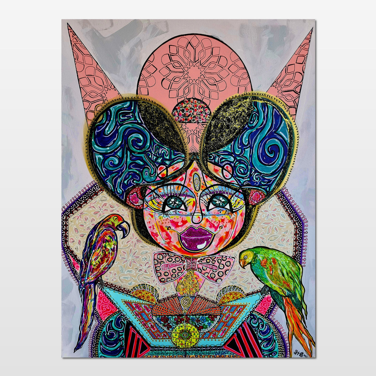 Kitty Kat: abstract painting of a sharp-fanged feline figure keeping her parrot friends close at hand
