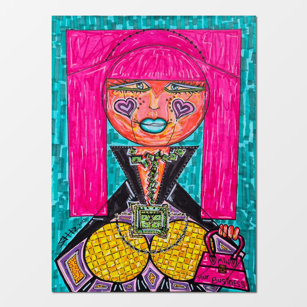 Madam Vivi: abstract figurative painting of a fancy, wild woman who is always the life of the party