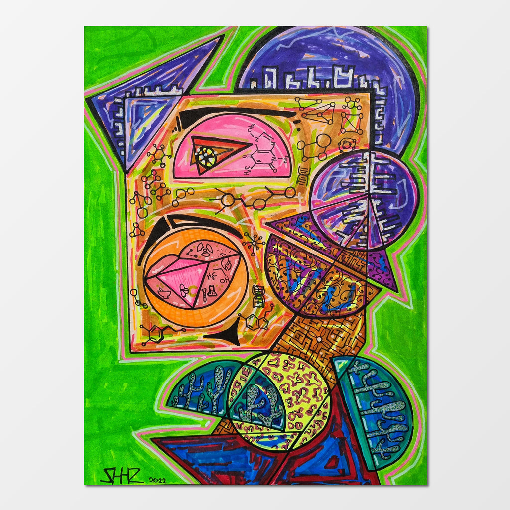 Sir Elixir: abstract figurative painting of an alchemist knight holding his hard-won immortality elixir