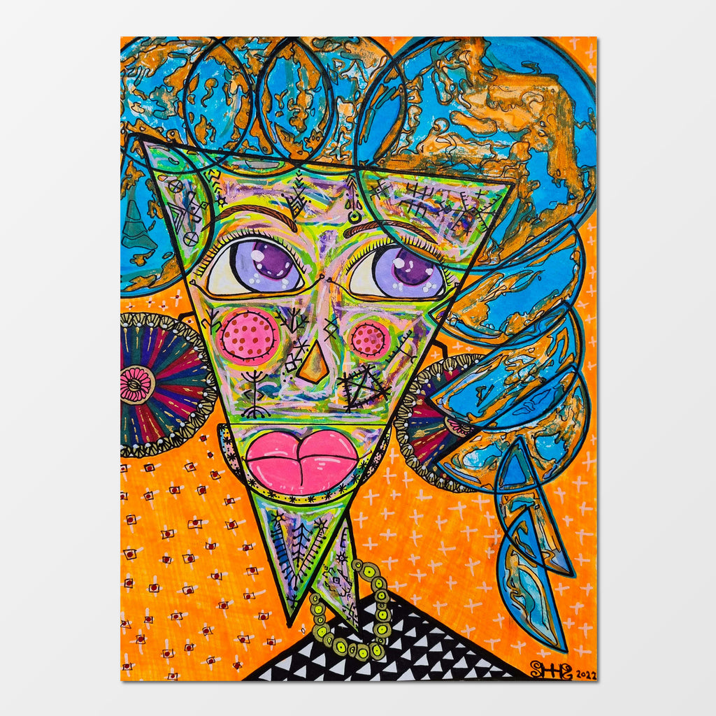 Dr Jane: abstract figurative painting of an archaeologist unearthing the secrets of ancient civilisations