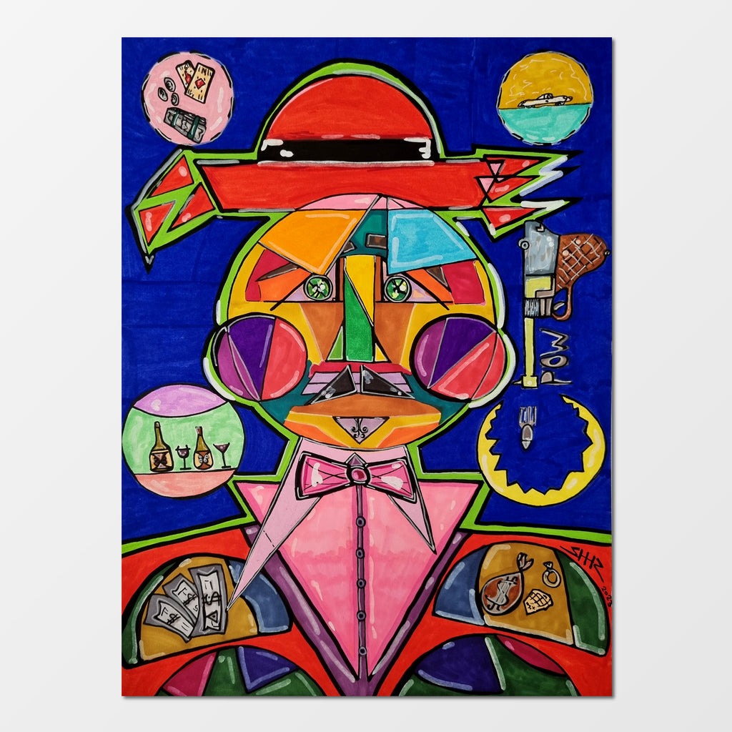 Don Mafioso: abstract figurative painting of a commanding mafia head whose eyes speak volumes unsaid