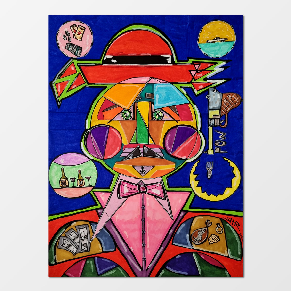 Don Mafioso: abstract figurative painting of a commanding mafia head whose eyes speak volumes unsaid