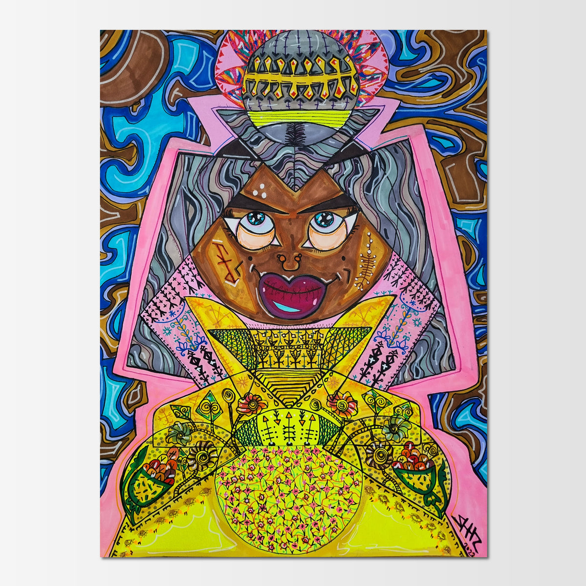 Nzinga: abstract figurative painting of a fierce African warrior queen, diplomat and military strategist