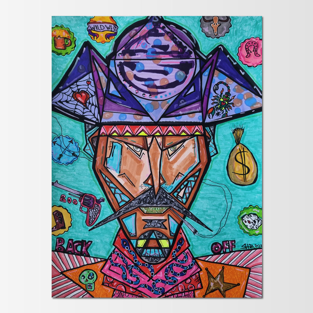 Cole Gunslinger: abstract figurative painting of a fast, deadly-accurate gunslinger of the Wild West