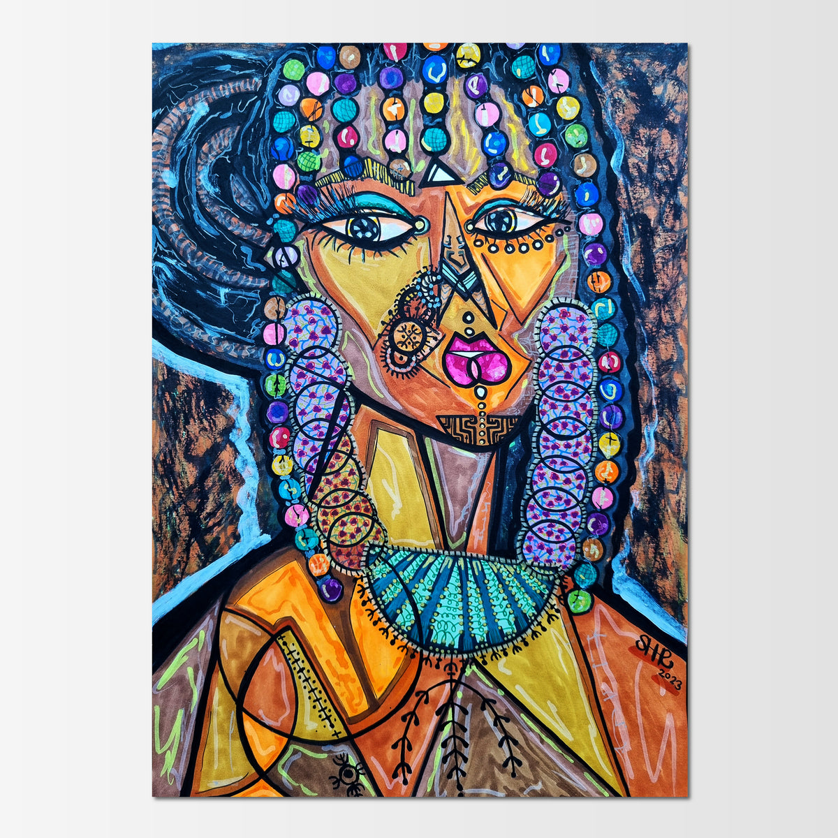 Ghandoora: abstract figurative painting of a North African chief's daughter, a skilled archer and dancer