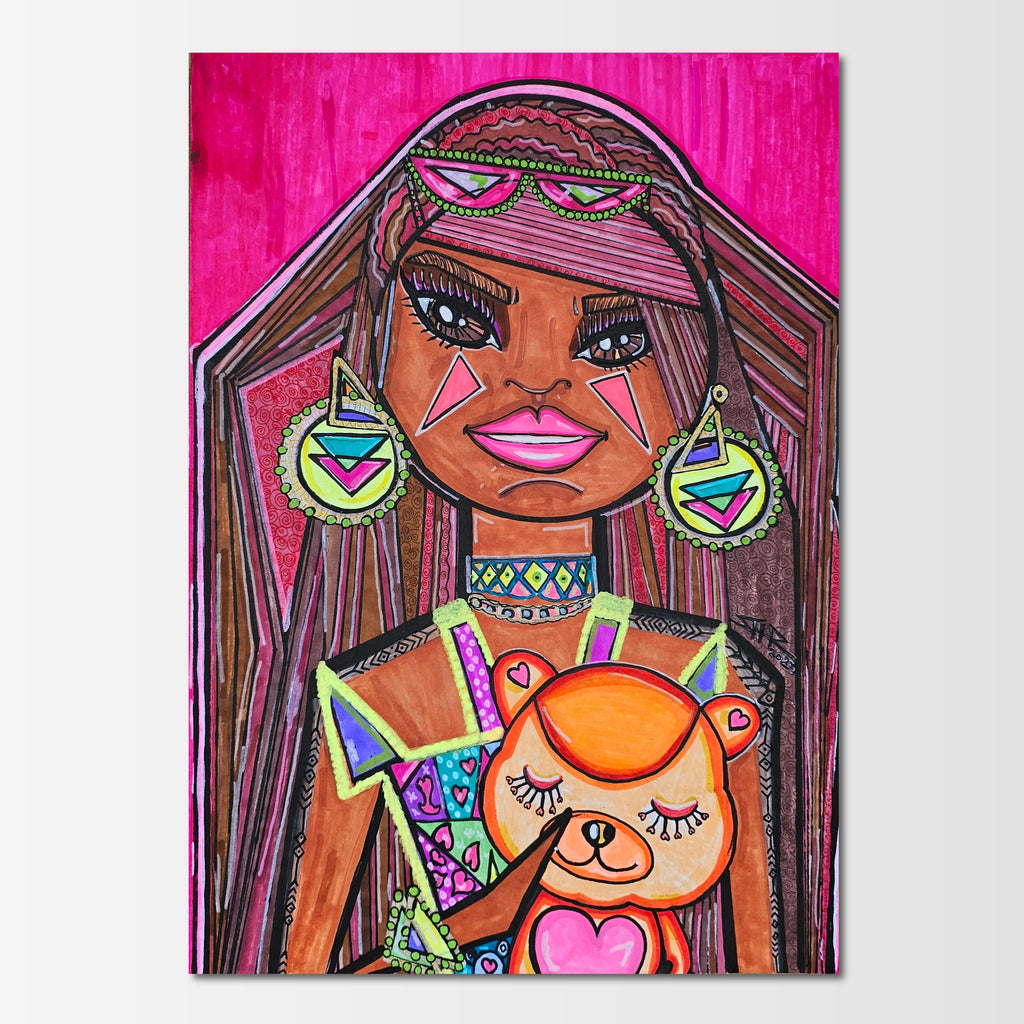 Isabella's Dream: abstract painting of a confident Latina doll embracing her cherished childhood teddy bear