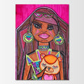 Isabella's Dream: abstract painting of a confident Latina doll embracing her cherished childhood teddy bear