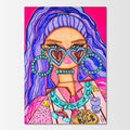 Lolite: abstract figurative painting of an iconic doll with vivid purple hair and a bold pink jacket