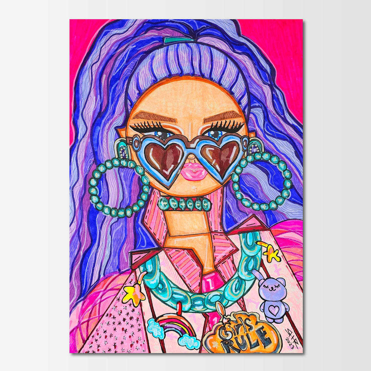 Lolite: abstract figurative painting of an iconic doll with vivid purple hair and a bold pink jacket