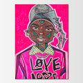 Kendi: abstract figurative painting of a confident fashion doll dressed in trendy, stylish streetwear