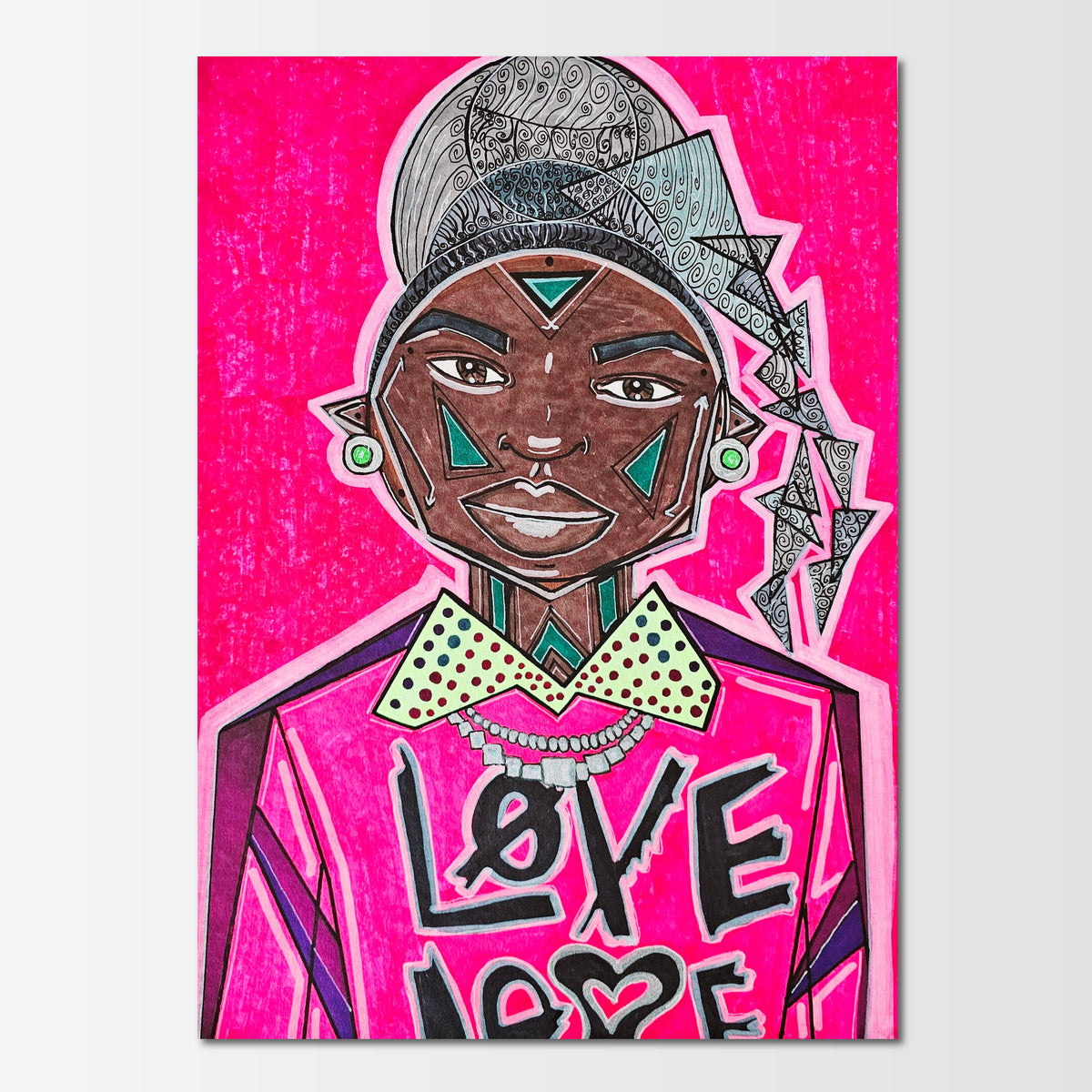 Kendi: abstract figurative painting of a confident fashion doll dressed in trendy, stylish streetwear