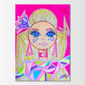Sasha: abstract figurative painting of a long-haired blonde doll with a bright smile and blue eyes