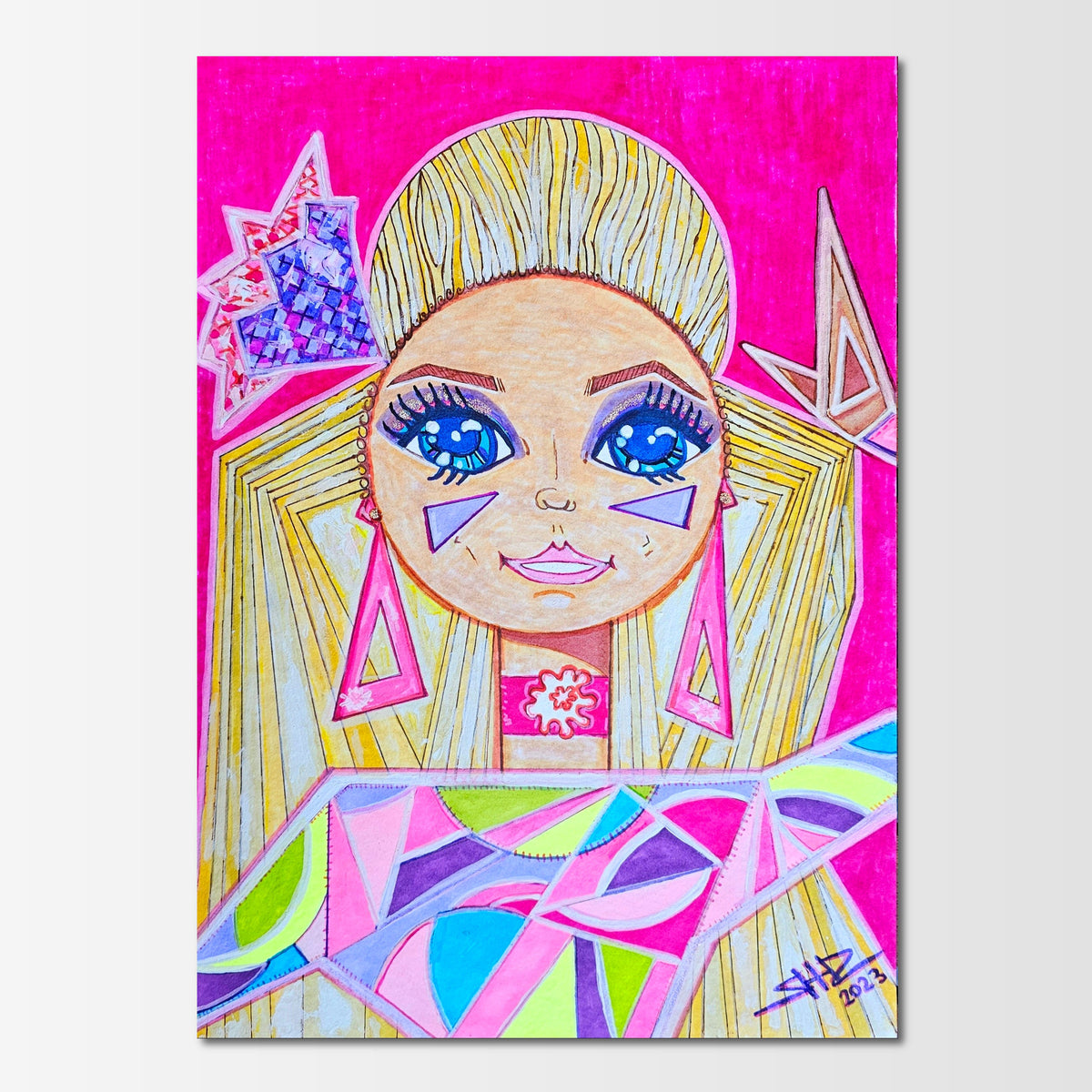 Sasha: abstract figurative painting of a long-haired blonde doll with a bright smile and blue eyes