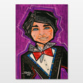 Peter: abstract figurative painting of a handsome male doll with neatly styled dark hair and blue eyes