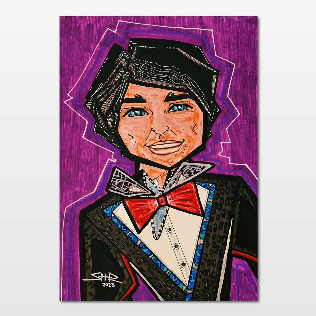 Peter: abstract figurative painting of a handsome male doll with neatly styled dark hair and blue eyes