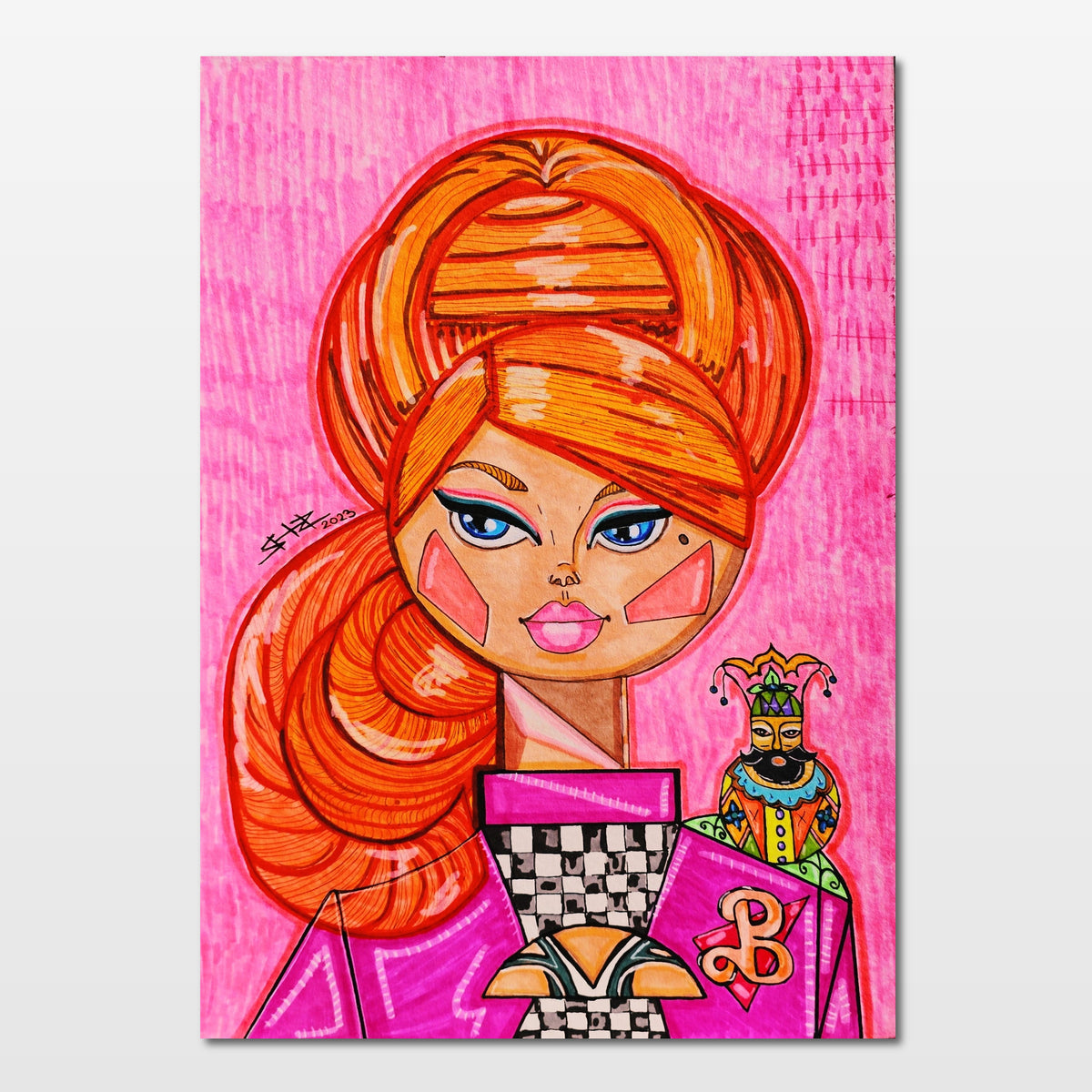 Noga: abstract figurative painting of a doll with fiery red hair and fashion-forward, contemporary flair