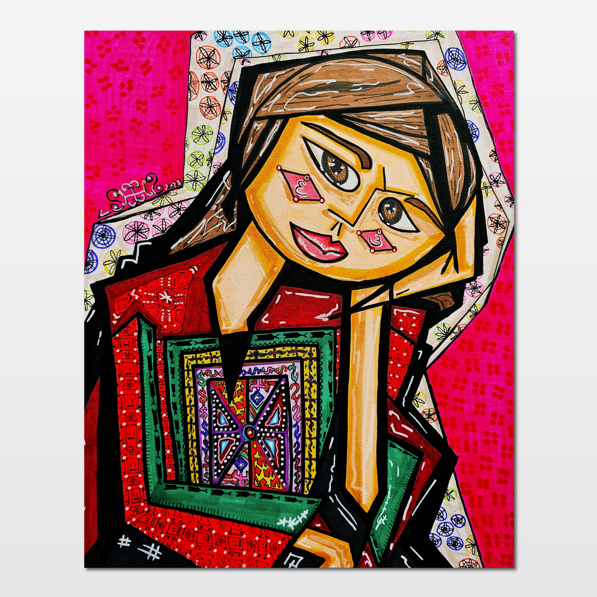 Gaza: abstract portrait of a young girl radiant against a vibrant seaside, a symbol of quiet resistance
