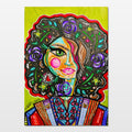 Jabalia: abstract portrait of a Palestinian woman in vibrant traditional dress, standing in strength