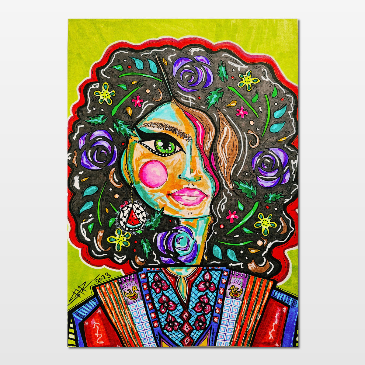 Jabalia: abstract portrait of a Palestinian woman in vibrant traditional dress, standing in strength